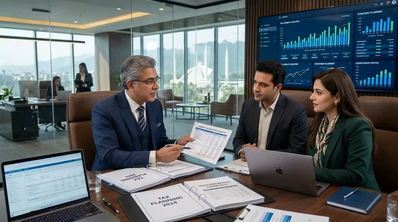 Business consultants advising an entrepreneur on choosing a reliable business services company in Pakistan.