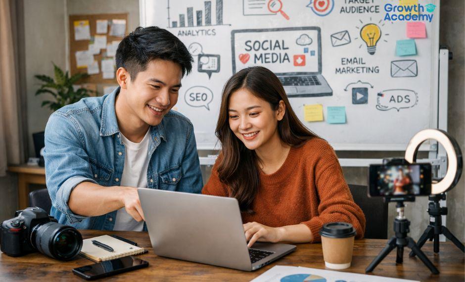 Beginners learning social media marketing through content creation, campaign planning, and analytics training.