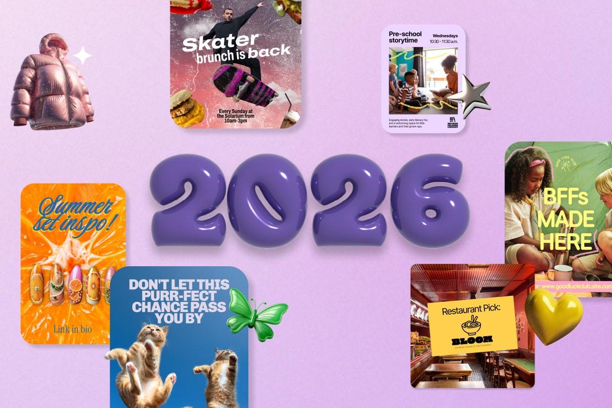 Graphic design trends for business marketing in 2026 featuring modern branding and creative marketing visuals.