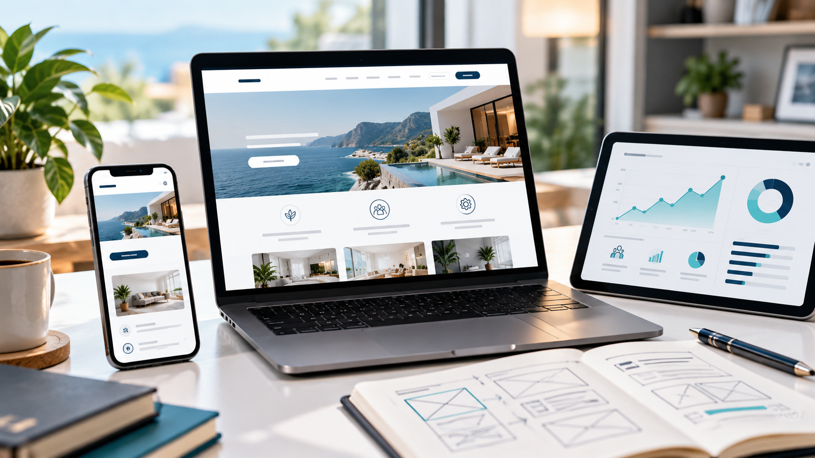 A laptop and smartphone displaying a polished, responsive business website in a modern workspace.