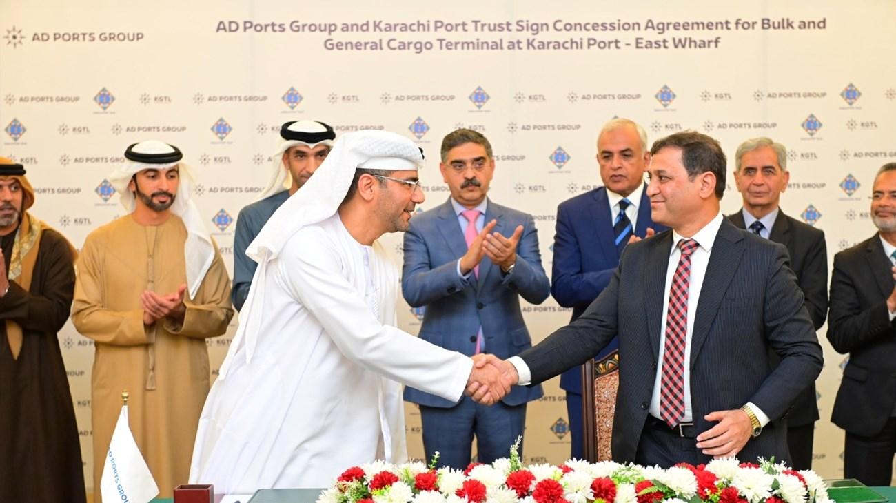 Pakistan and UAE trade opportunities represented by international shipping containers, logistics operations, and business partnerships.