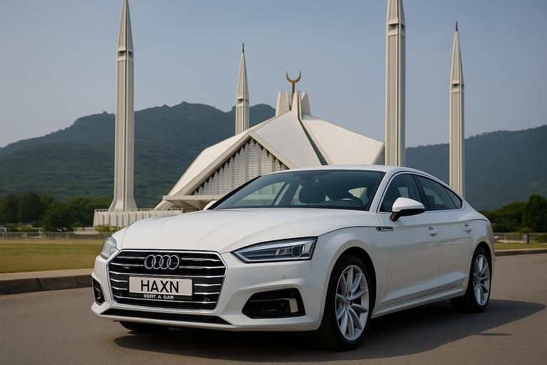 Comfortable rental car parked on a road in Islamabad, Pakistan.