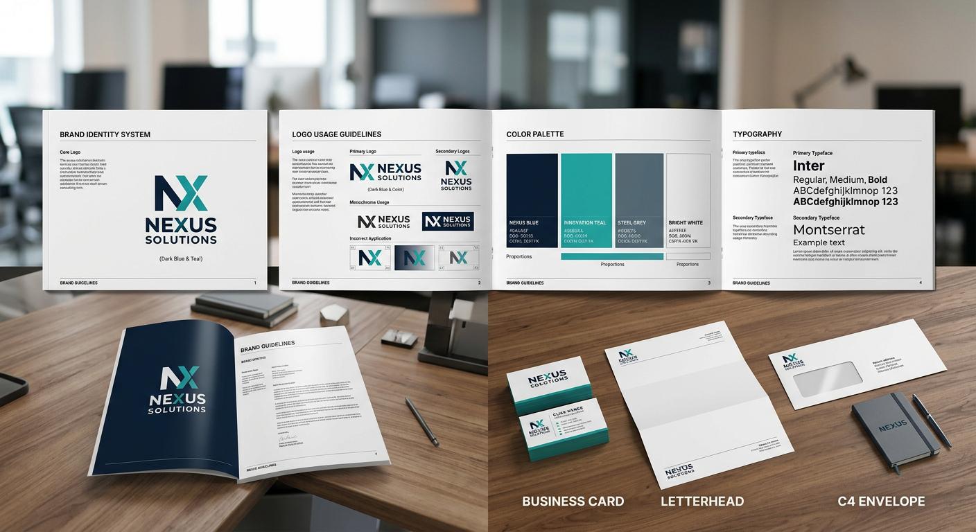 Logo design and brand identity featuring a professional logo, branded stationery, typography, and a coordinated color palette.
