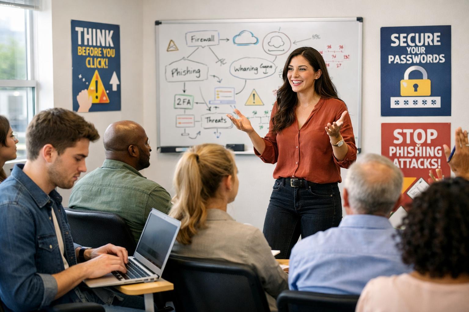 Students and professionals learning cybersecurity awareness, phishing prevention, and online data protection.