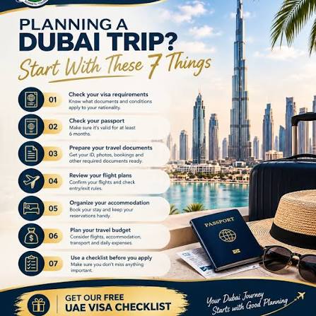 Dubai skyline featuring the Burj Khalifa, modern hotels, and popular tourist attractions.