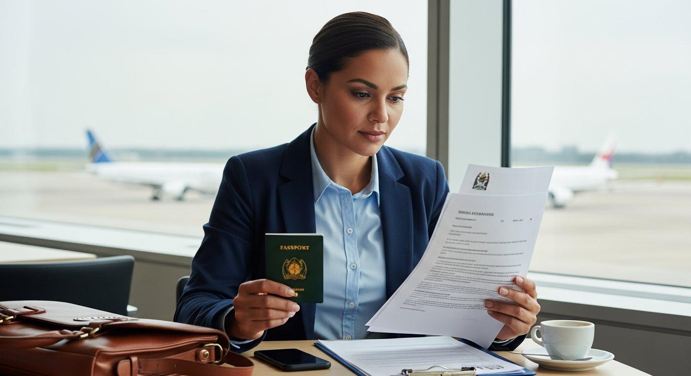 Business visa documentation assistance with a passport, business travel paperwork, and international meeting preparation.