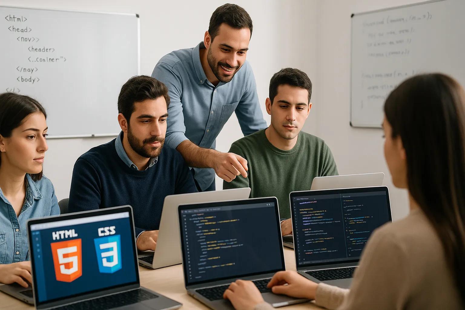 Beginners learning website development with HTML, CSS, and JavaScript through practical training.
