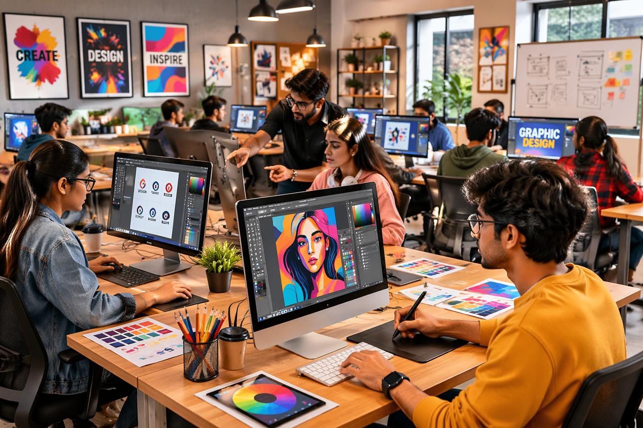 Graphic design students learning typography, branding, color theory, and digital design software.