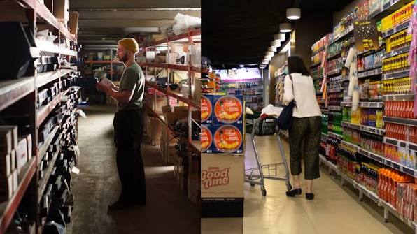 Wholesale trading vs retail trading showing bulk inventory in a warehouse and products displayed in a retail store.