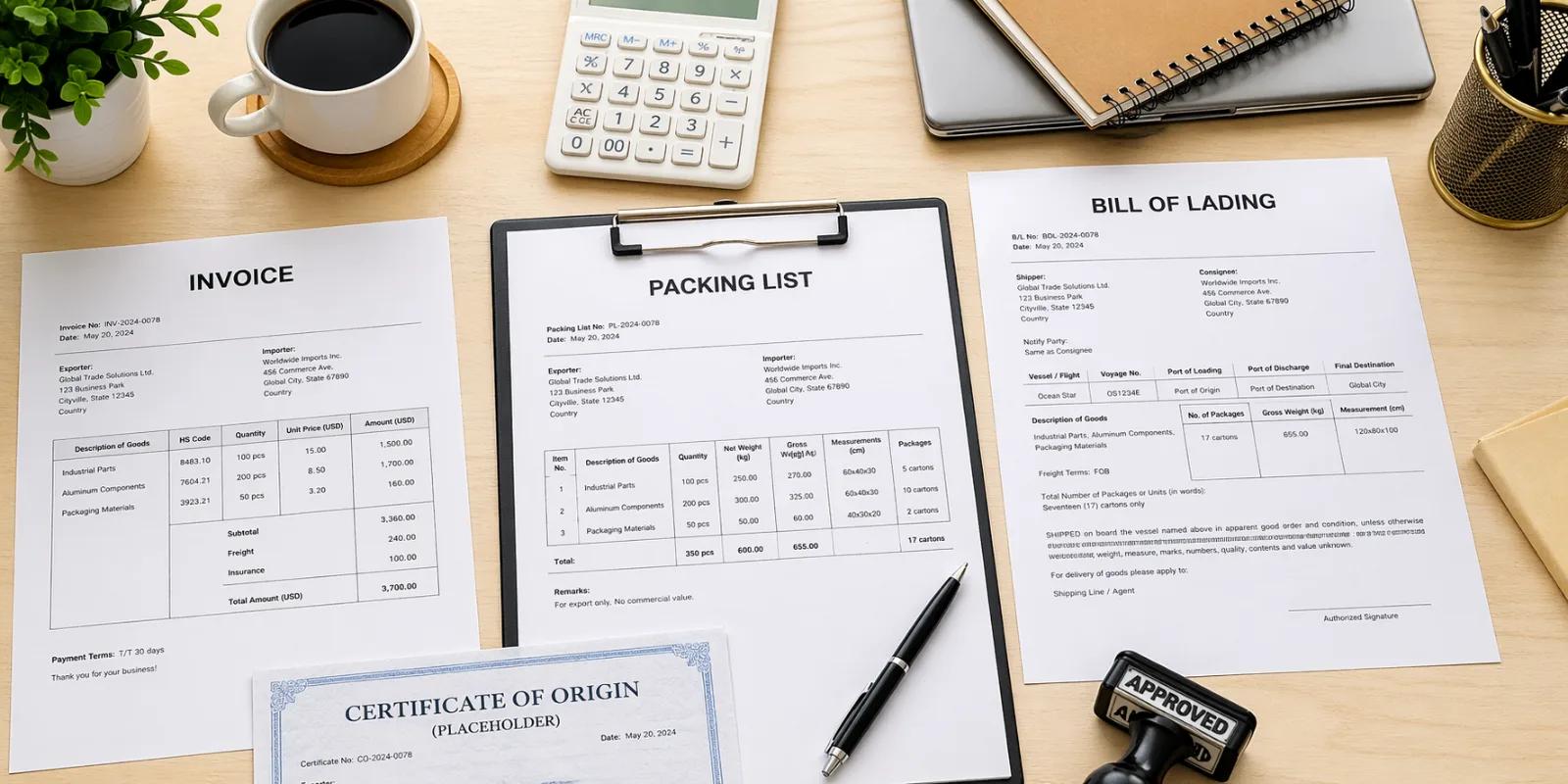 International trade documentation including commercial invoices, shipping documents, and customs paperwork for global trade.