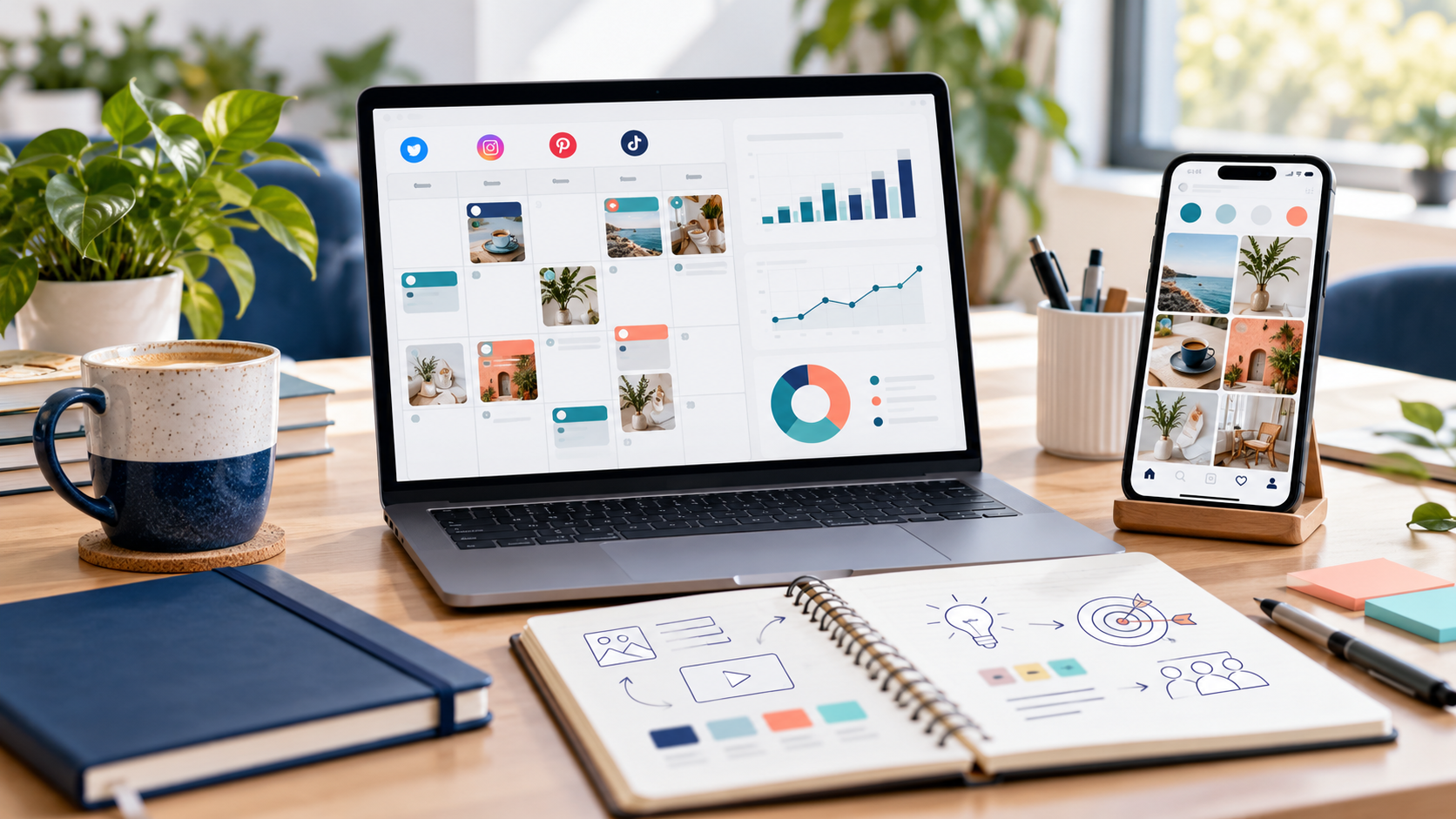 A laptop with a social media content calendar and analytics beside a smartphone showing generic post tiles.
