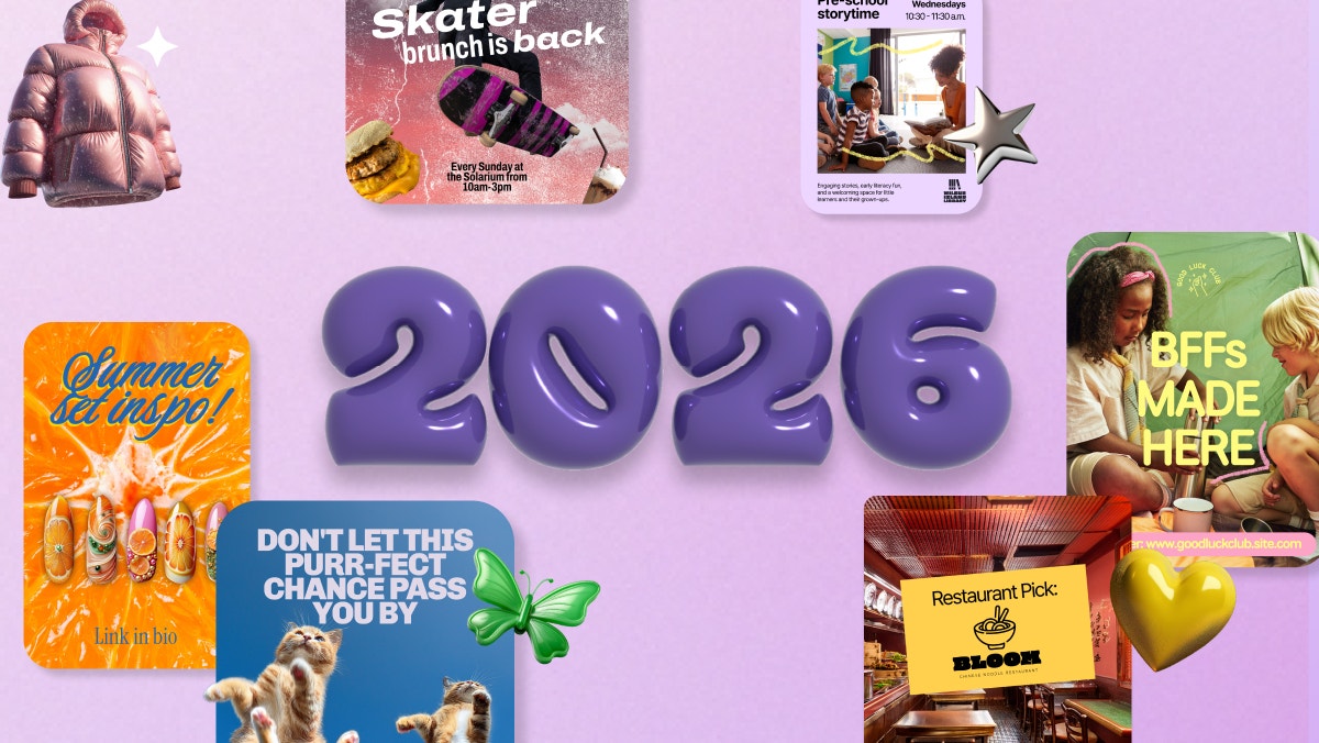 Graphic design trends for business marketing in 2026 featuring AI visuals, modern typography, and creative branding.