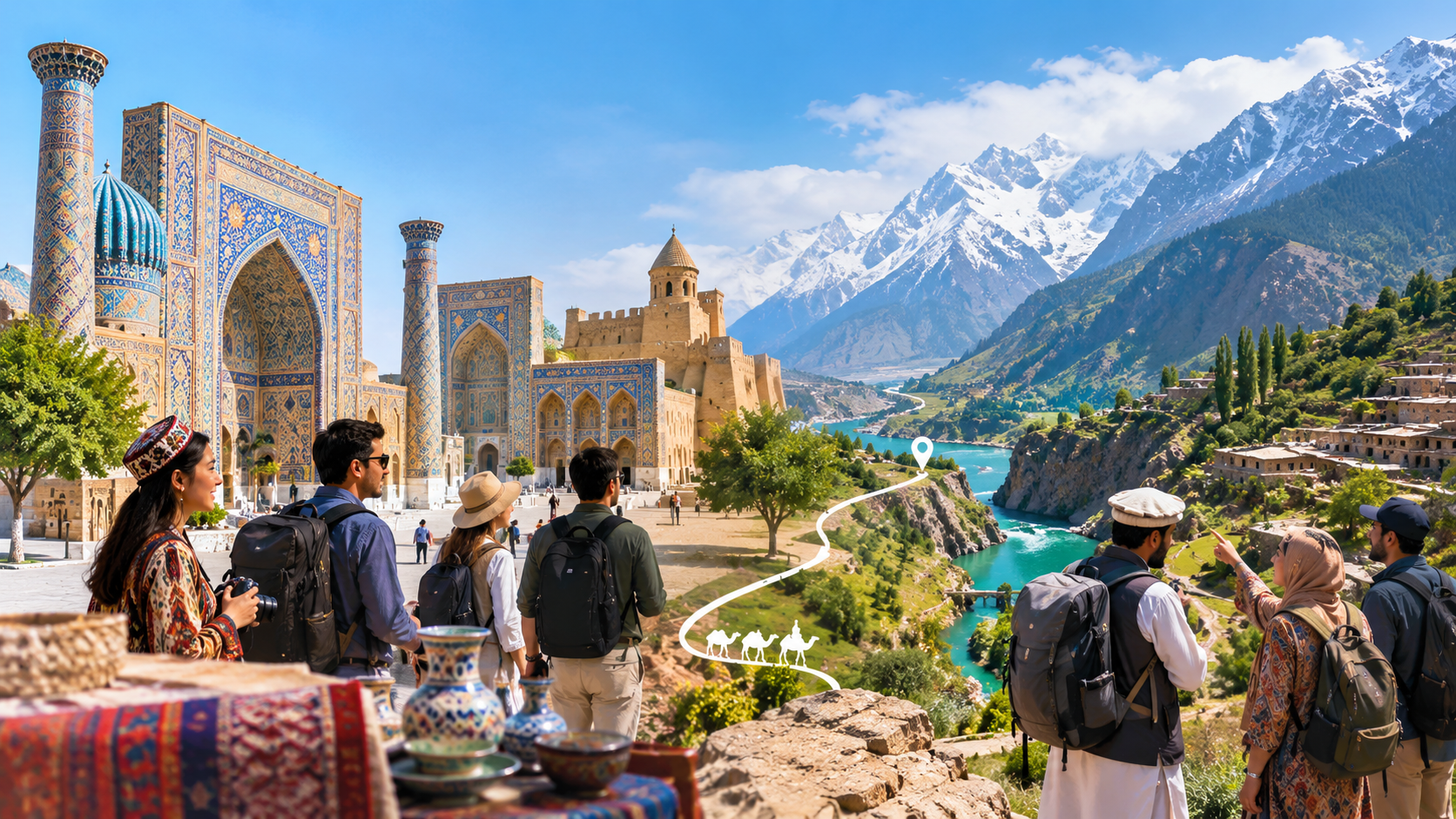 Uzbekistan-Pakistan tourism cooperation showcasing cultural heritage, historic architecture, mountain landscapes and travel opportunities between both countries.