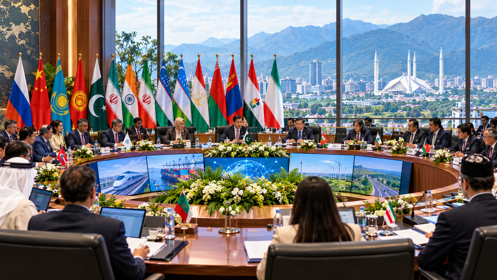 Pakistan's SCO chairmanship meeting featuring international delegates, national flags and discussions on regional connectivity, trade and economic cooperation.