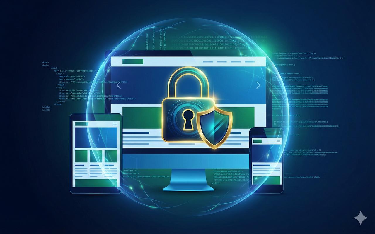 AAO Cyber Security website protection concept featuring a digital security shield and secure network.