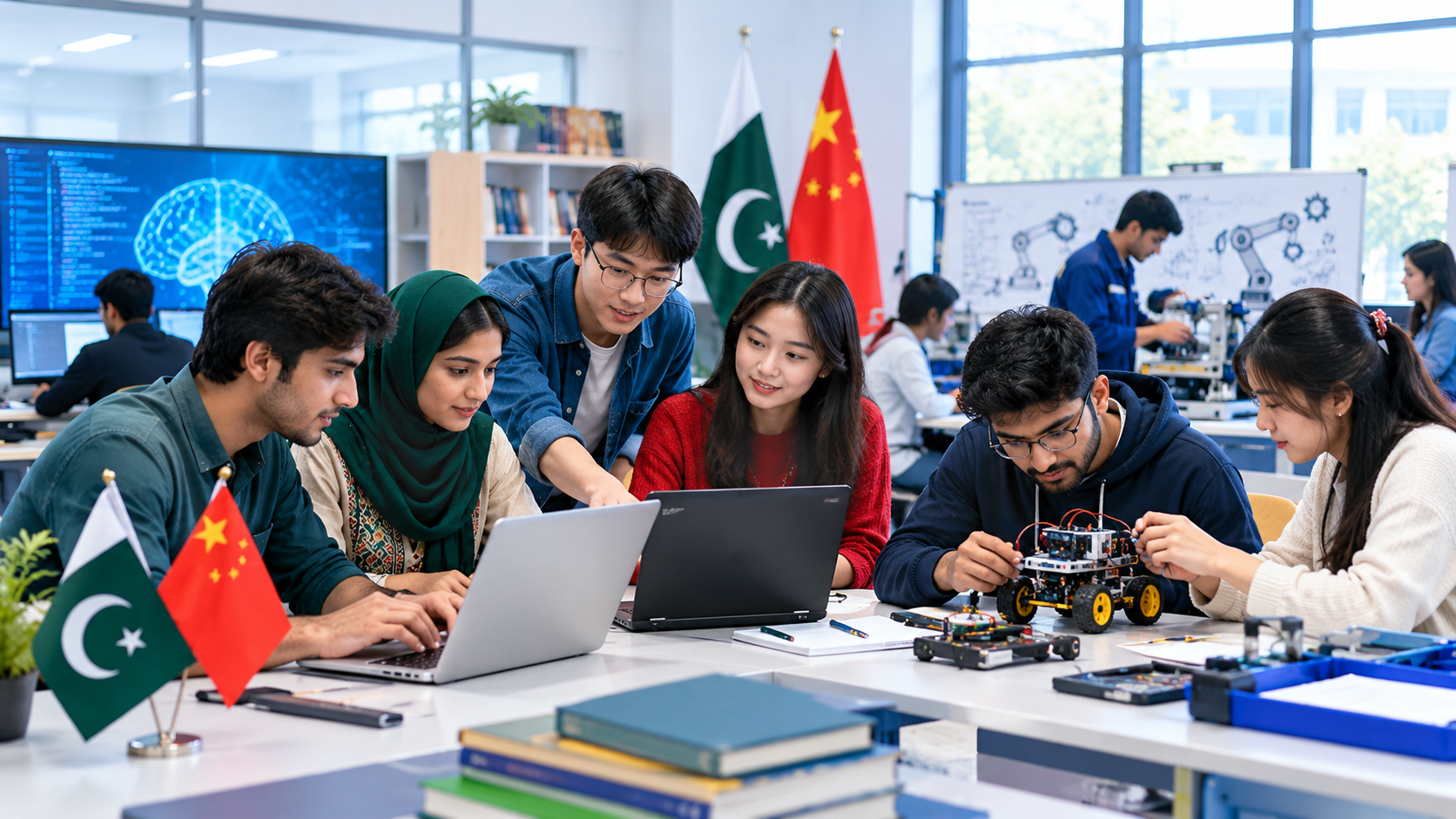 Pakistani and Chinese students collaborating on technology, robotics, education and innovation projects to strengthen youth cooperation.