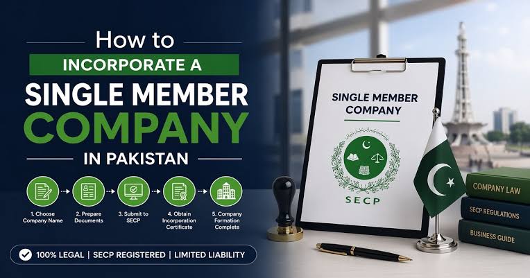 Single member company registration in Pakistan through SECP, showing business documents and an entrepreneur setting up a company in 2026.