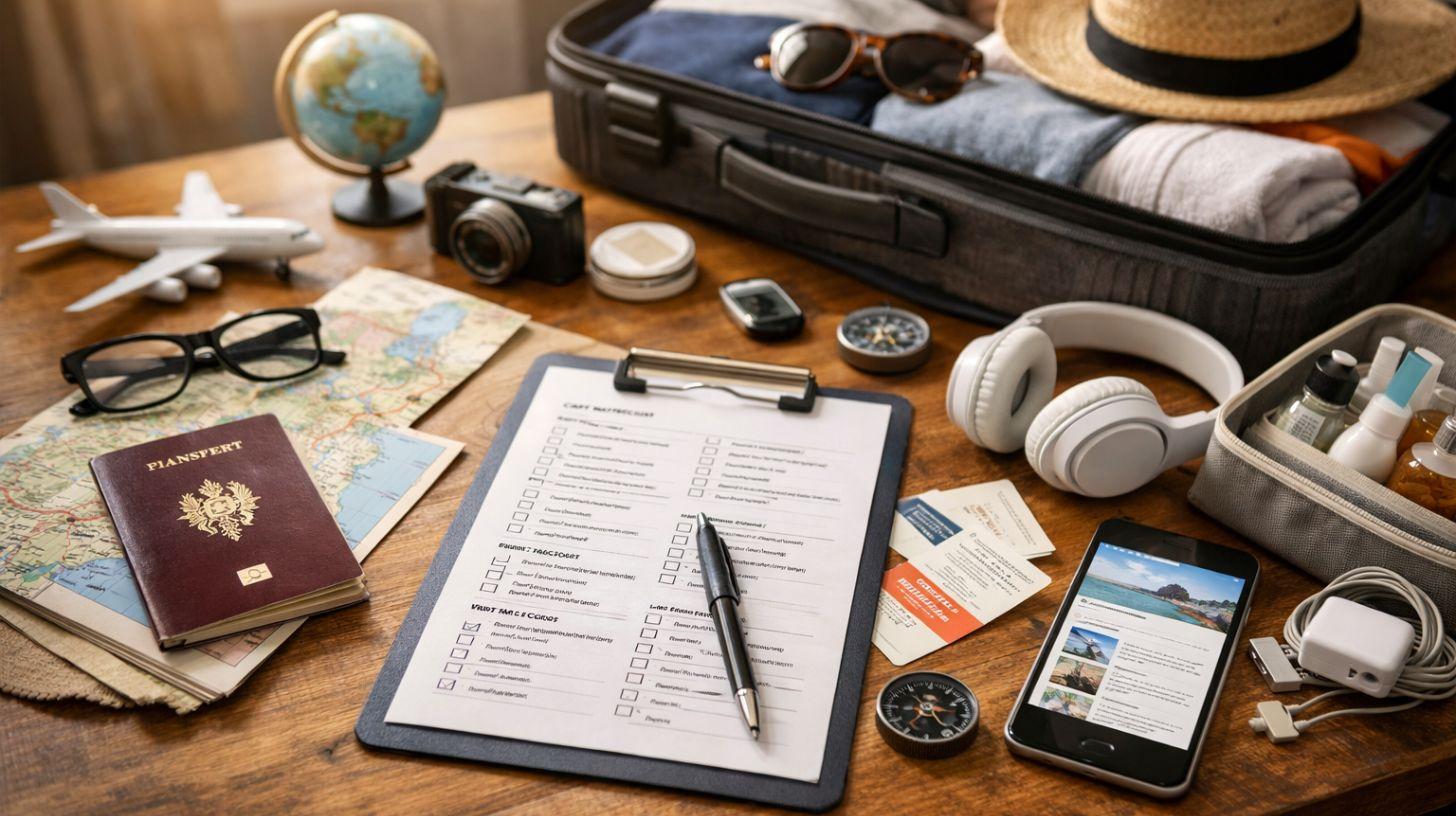 International travel planning with passports, travel documents, budgeting notes, and booking essentials.