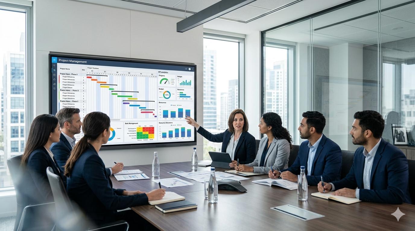  Business project management team planning, executing, and monitoring project performance.