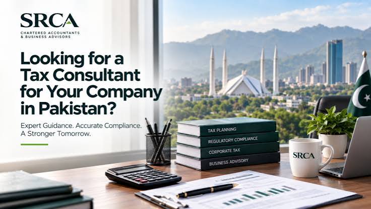 Tax consultant in Pakistan reviewing business financial documents and tax records in an office.