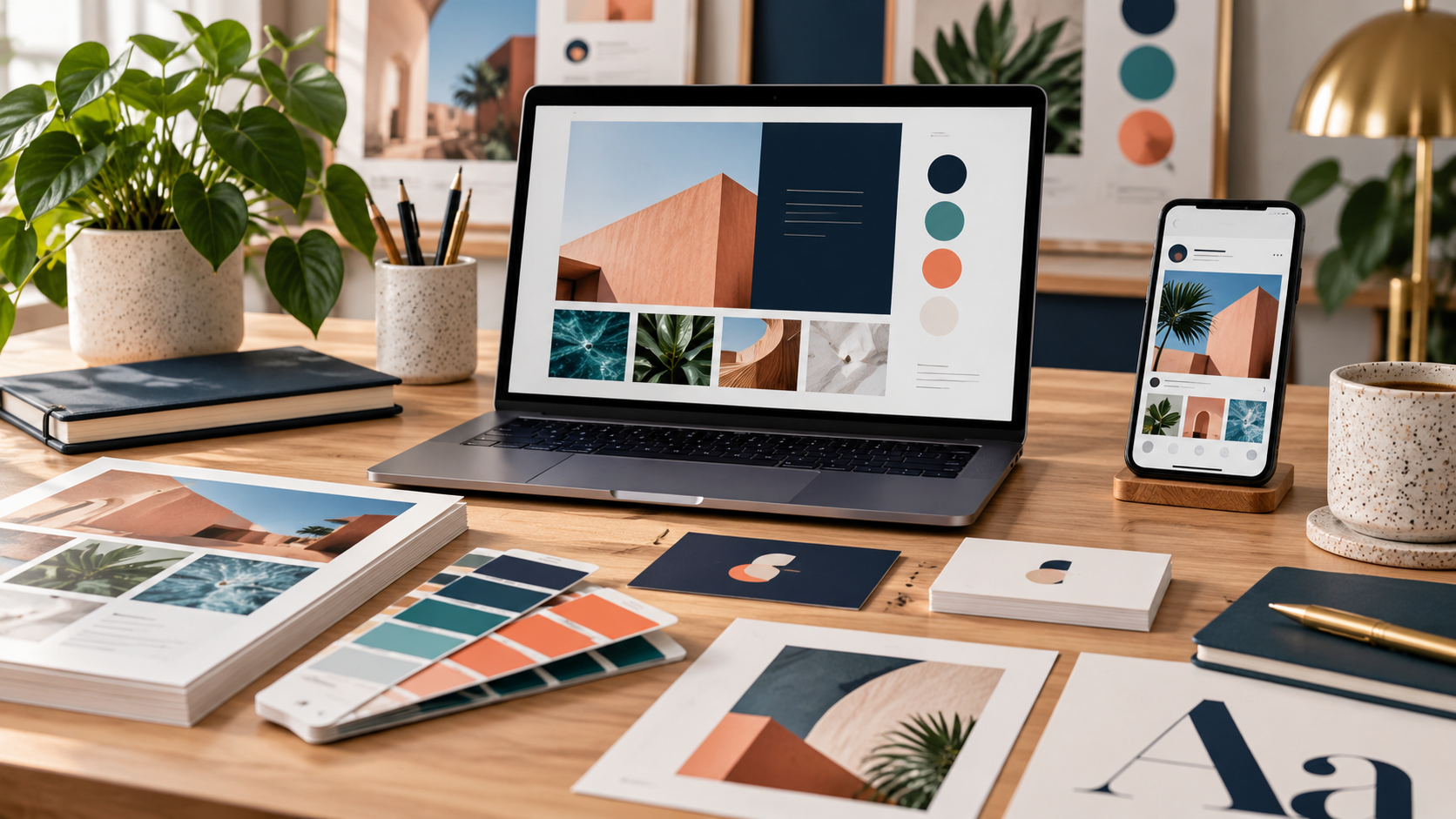 A modern creative workspace displaying brand colours, typography, business cards, and a polished graphic design mockup.