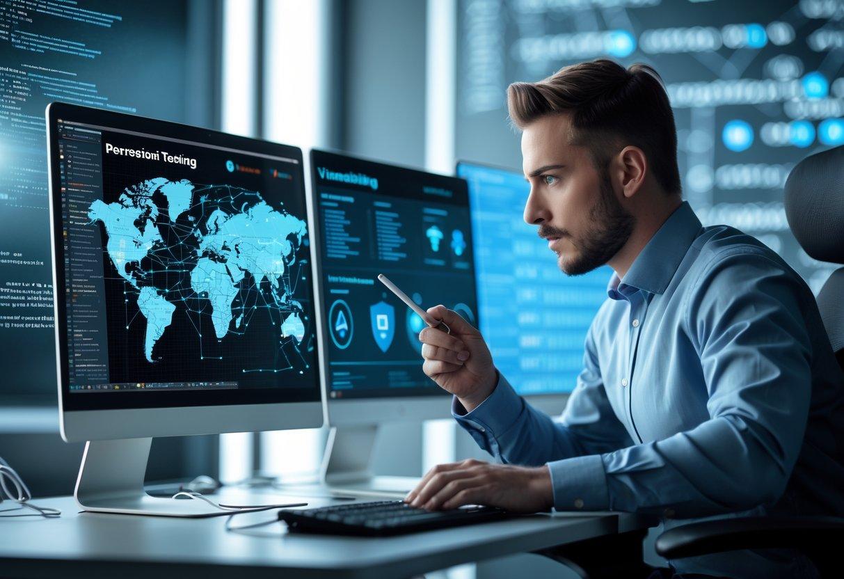 Vulnerability assessment vs penetration testing showing cybersecurity vulnerability scanning and authorized security testing.